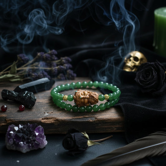 A close-up of a beaded bracelet worn on a wrist, featuring round green jade-like beads and a carved wooden Buddha head charm with small turquoise and red accents.