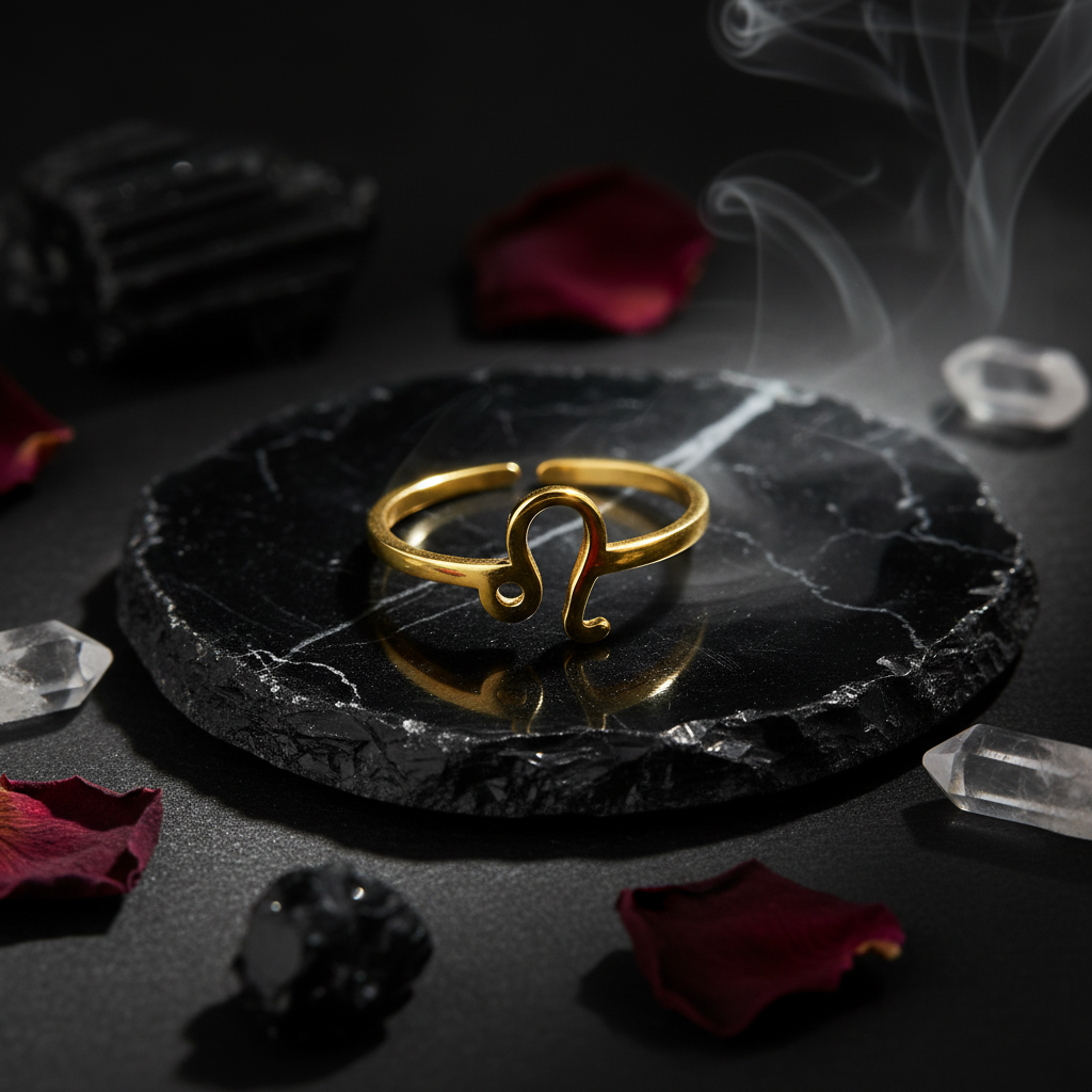 Gold ring with a unique design on a white background