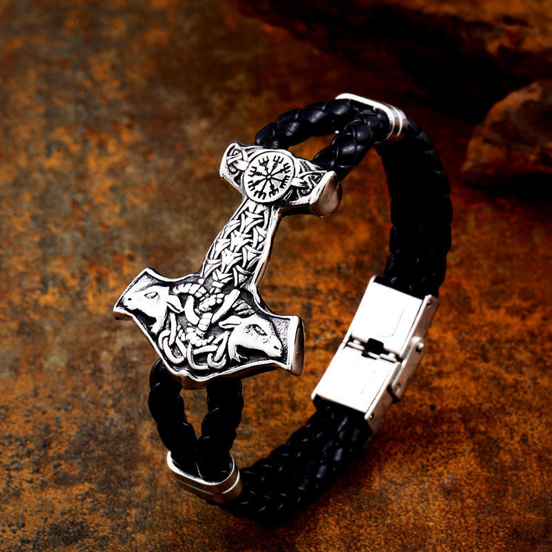 Retro Viking Titanium Steel and Leather Bracelet