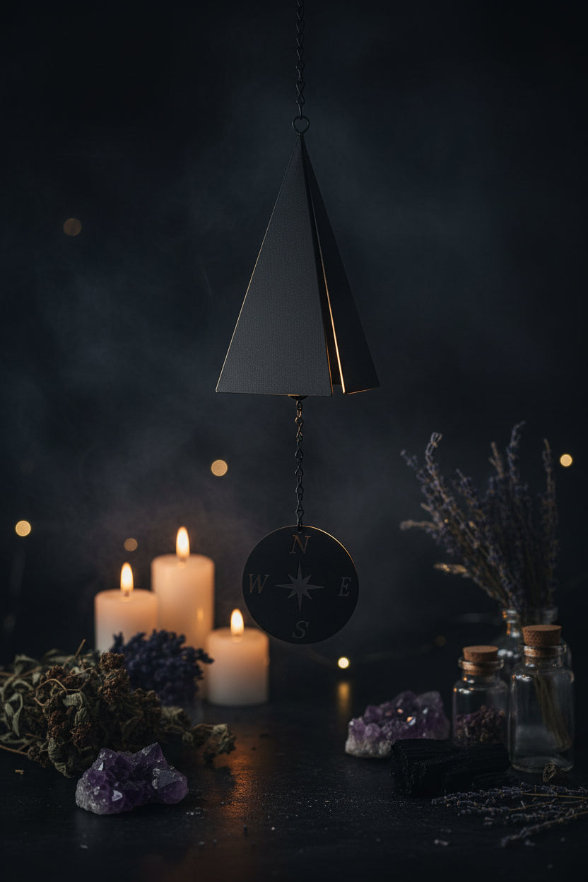 Black wind chime with compass design on a white background