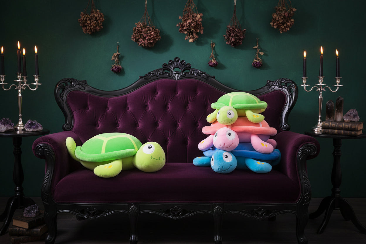 Stack of colorful turtle-shaped toys on a table with a large green turtle plush toy on a chair.