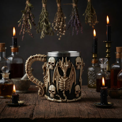 Resin Stainless Steel Skull Mug with Dragon Design Sorceress Sanctuary