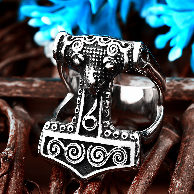 Viking Ring with Thor's Hammer in Titanium Steel