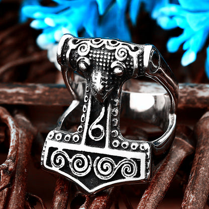 Viking Ring with Thor's Hammer in Titanium Steel