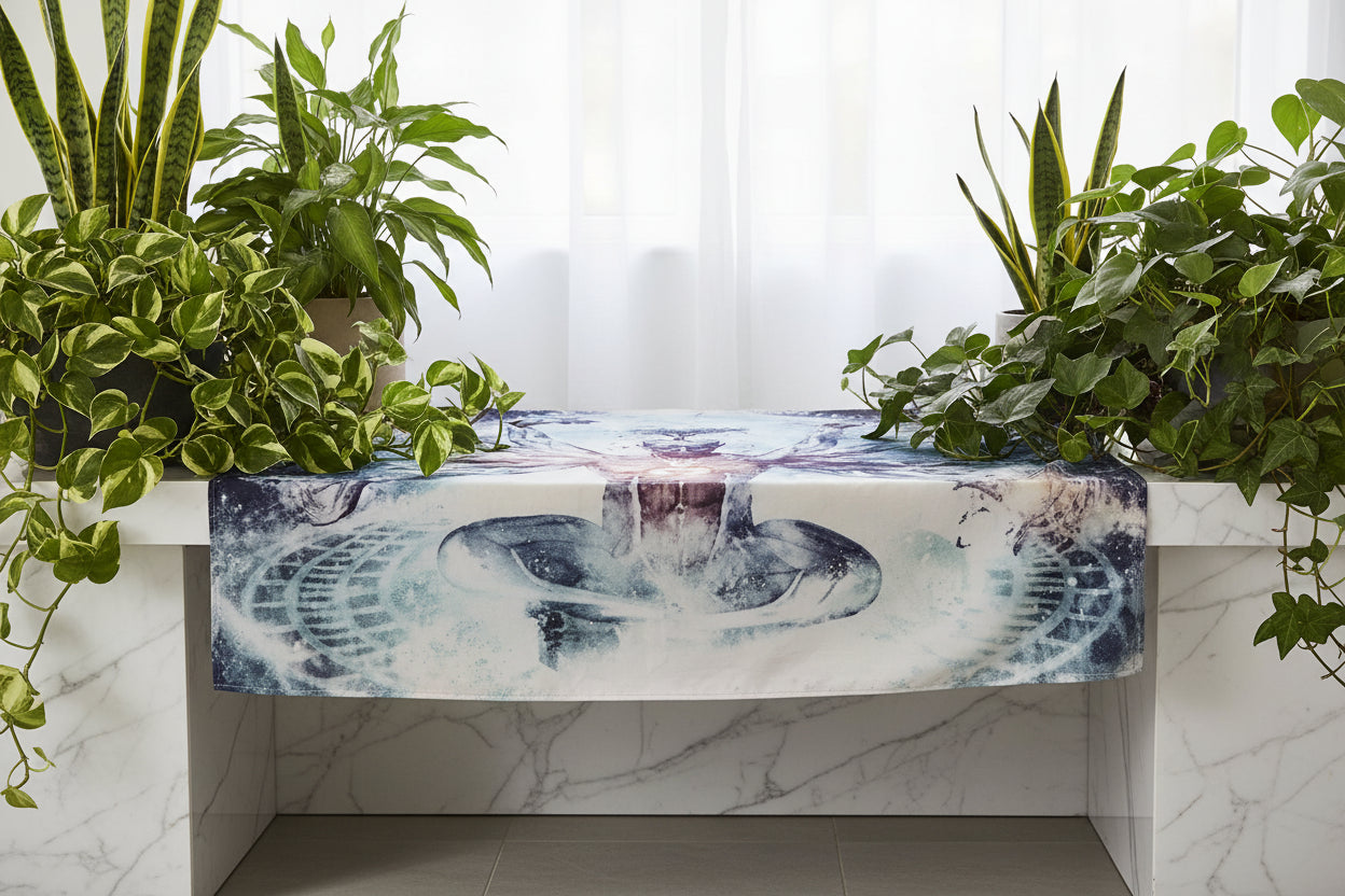 Tapestry with a cosmic design of a multi-armed figure in a living room.