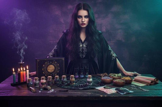 Witchcraft kit with dried herbs, color candles, essential oils, and crystals on a white background.