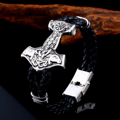 Retro Viking Titanium Steel and Leather Bracelet