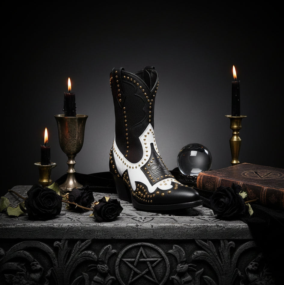 Black and white boots with gold studs on a white background