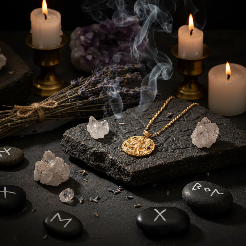 Gold necklace with a detailed pendant on a gray surface
