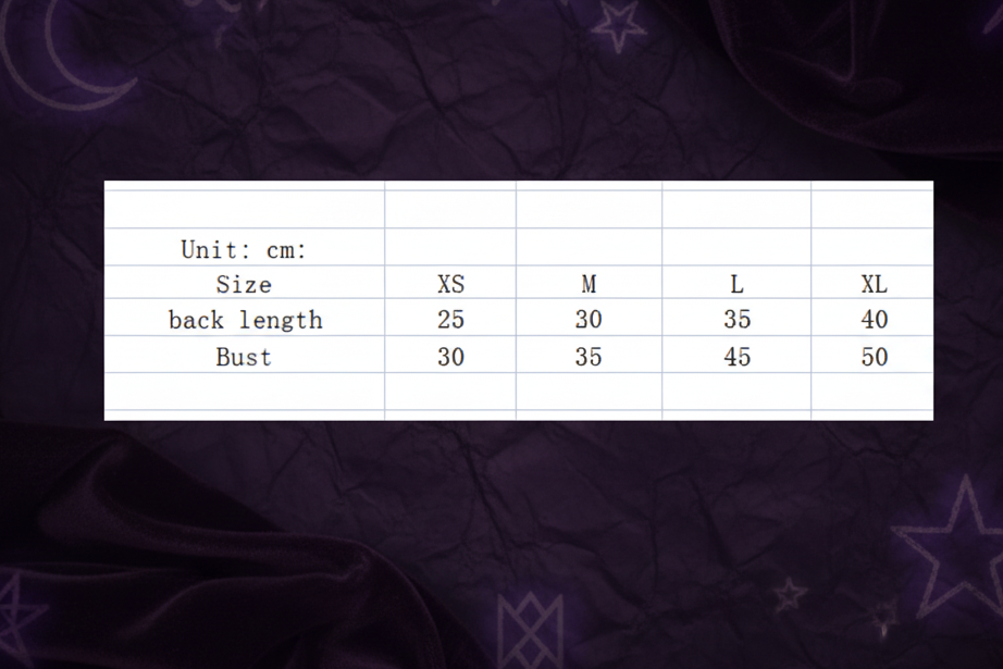 Measurement chart for clothing sizes in centimeters
