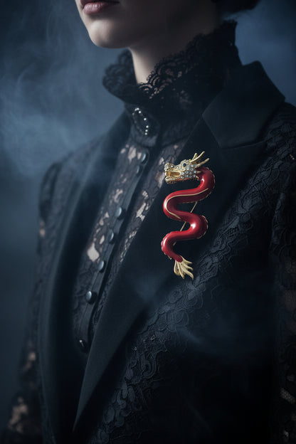 Red dragon brooch with gold crown on a white background