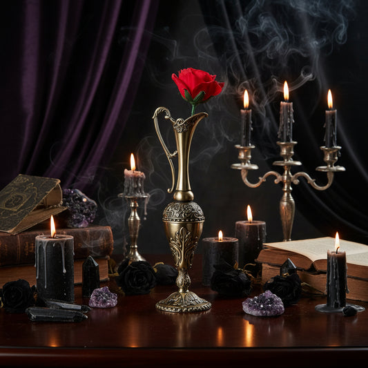 Decorative vase with a red rose on a table with books and a blurred background
