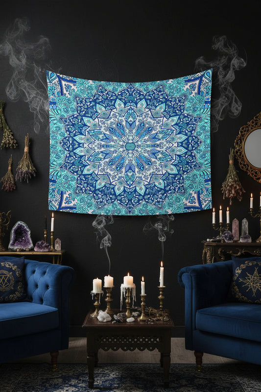 Blue and green mandala tapestry on a white background