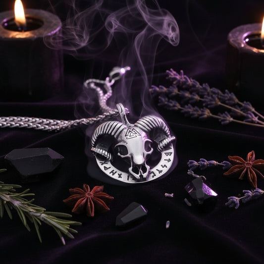 Silver ram skull pendant necklace on a black background