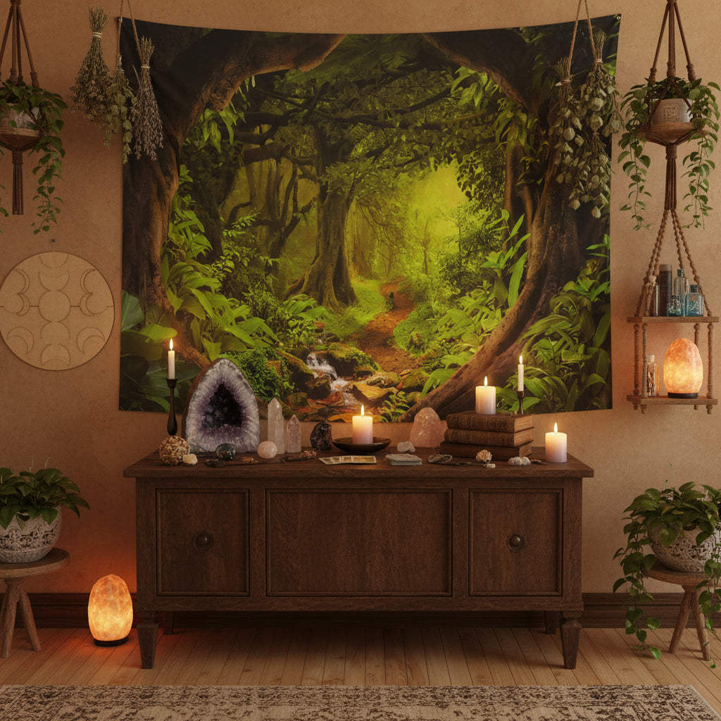 Tapestry depicting a lush green forest with a stream, hanging on a wall above a wooden floor.