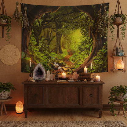Tapestry depicting a lush green forest with a stream, hanging on a wall above a wooden floor.