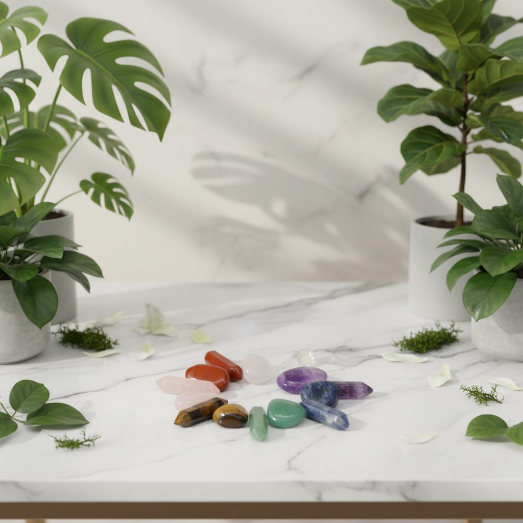 Assorted colorful crystals on a white background