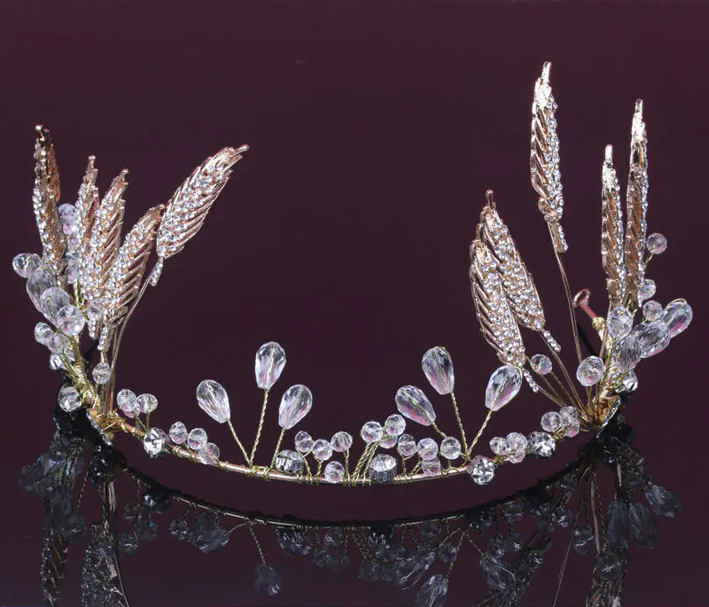 Elegant tiara with feather and crystal design on a dark background