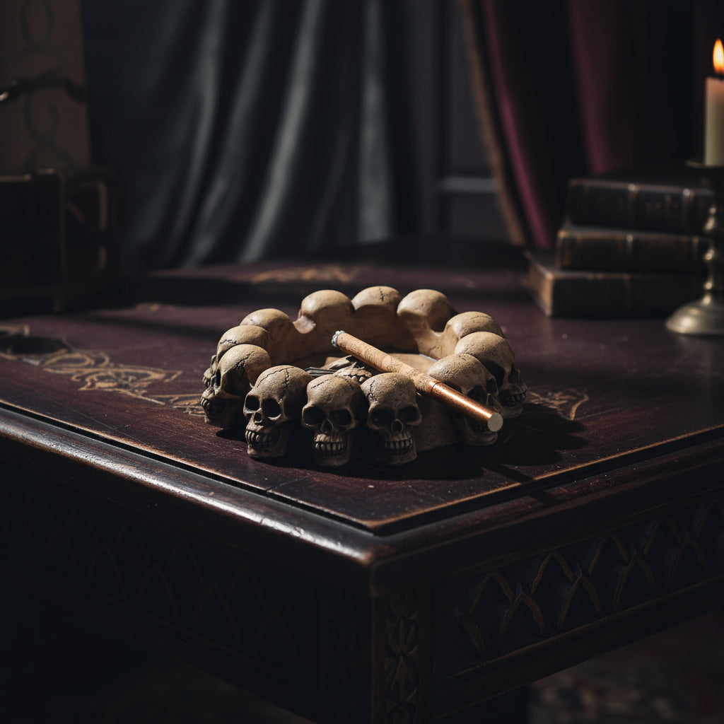 Decorative ashtray with skull design and a smoking accessory on a white background
