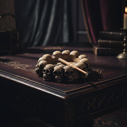 Decorative ashtray with skull design and a smoking accessory on a white background