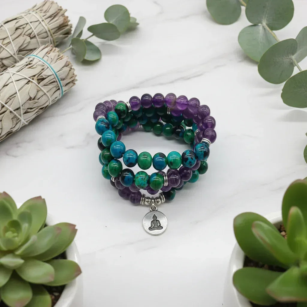 108 Beads Phoenix Bracelet - Sorceress Sanctuary Amethyst Phoenix 3D-Amethyst Phoenix Buddha-Echeveria imperialis-Style 1 Lotus-Redwood Buddha Pendant
