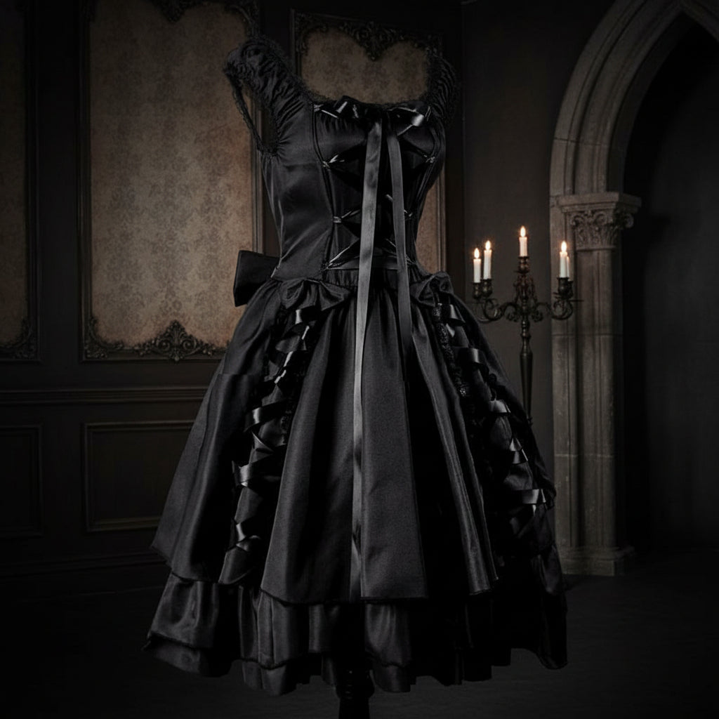 Black gothic-style dress with intricate details on a white background