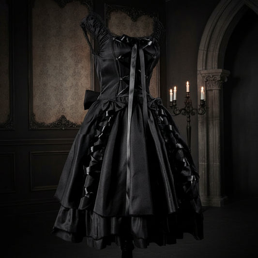 Black gothic-style dress with intricate details on a white background