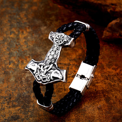 Retro Viking Titanium Steel and Leather Bracelet