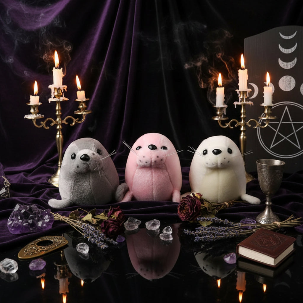 Three plush seals in gray, pink, and white on a pink surface with a green wall and plant in the background.