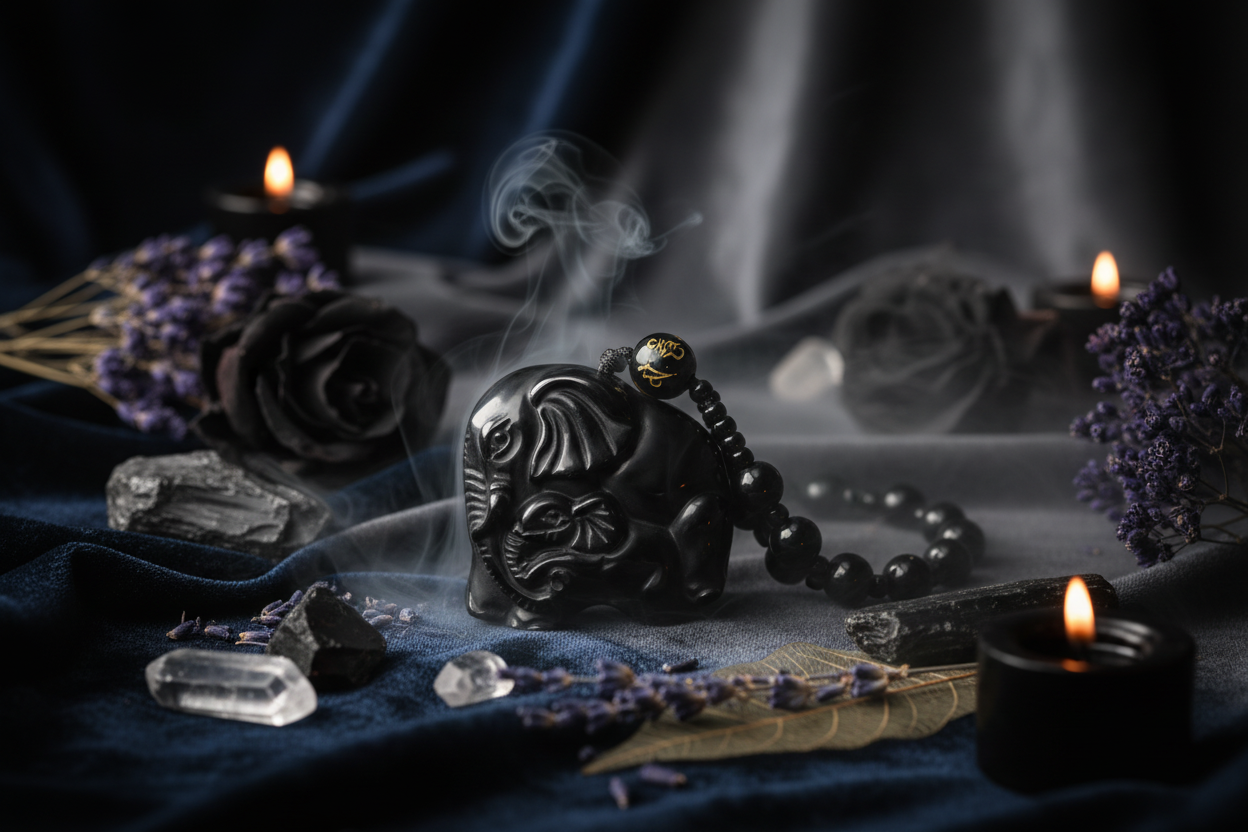 Black stone pendant with beads on a wooden surface
