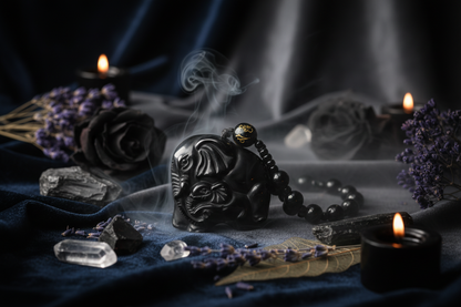 Black stone pendant with beads on a wooden surface