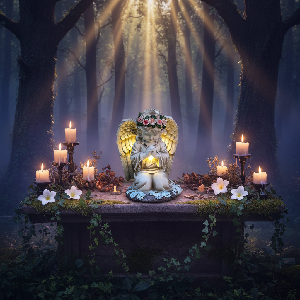 Decorative angel statue with glowing light, floral crown, and prayer pose on a natural background.