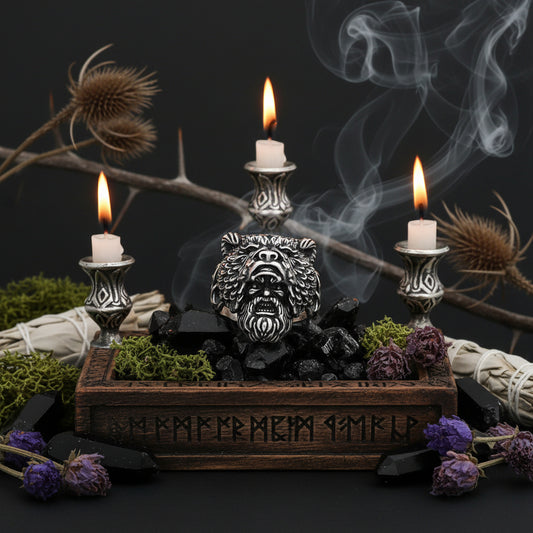 Silver lion head ring on a stone surface with a dark background