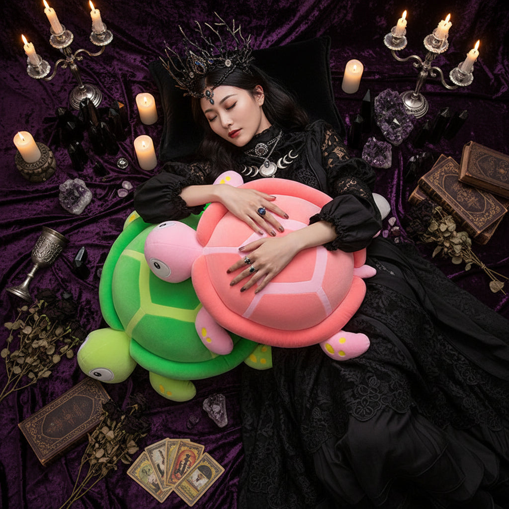 Person lying on a large turtle-shaped pillow with a soft toy.