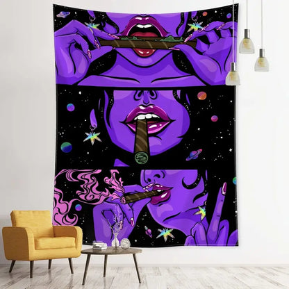 Purple Smoking Girl Tapestry Wall Hanging for Decor