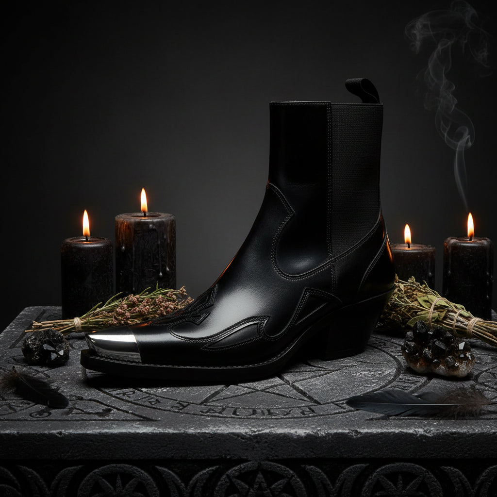 Black leather ankle boot with a pointed toe on a white background