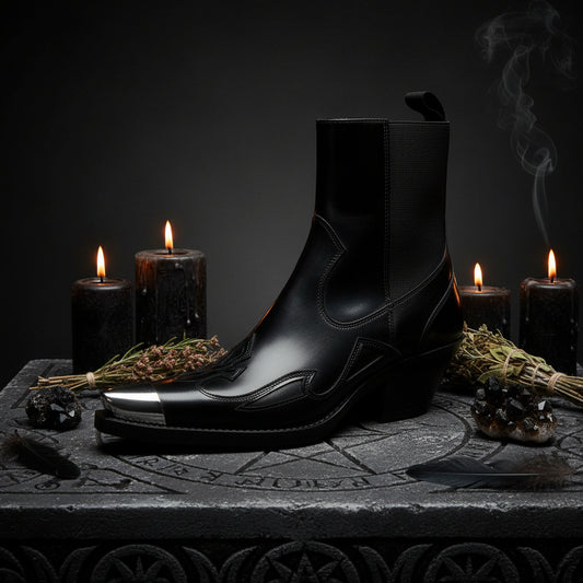 Black leather ankle boot with a pointed toe on a white background