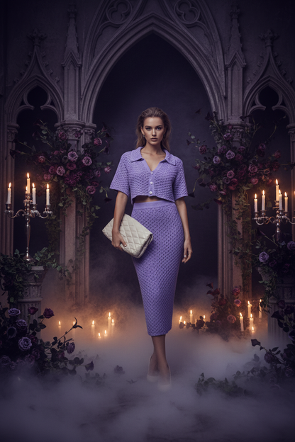 Person wearing a purple textured outfit holding a beige clutch in a room.
