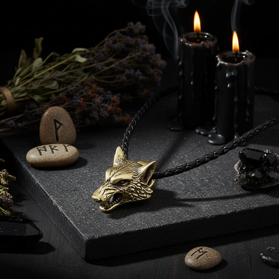 Gold wolf pendant on a black leather cord against a dark background