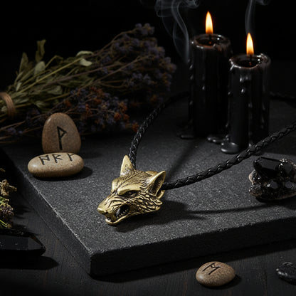 Gold wolf pendant on a black leather cord against a dark background