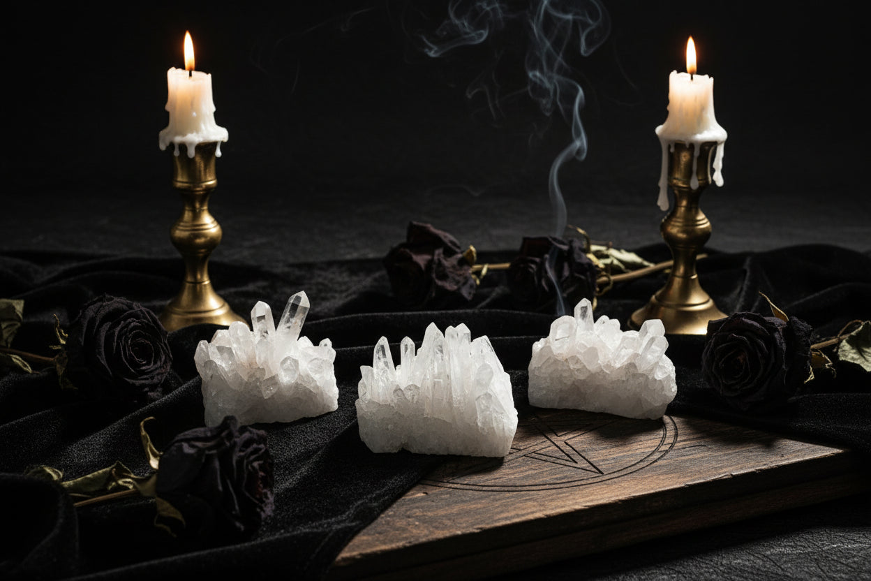 Set of crystal formations on a dark surface with a blurred background