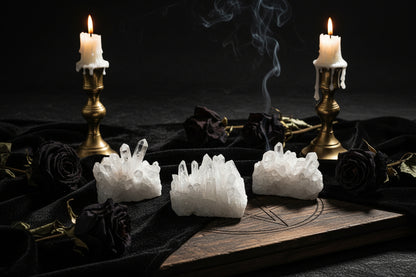 Set of crystal formations on a dark surface with a blurred background