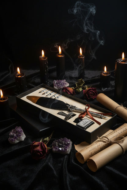 Feather pen set with ink bottle and nibs in a decorative box on a wooden surface.