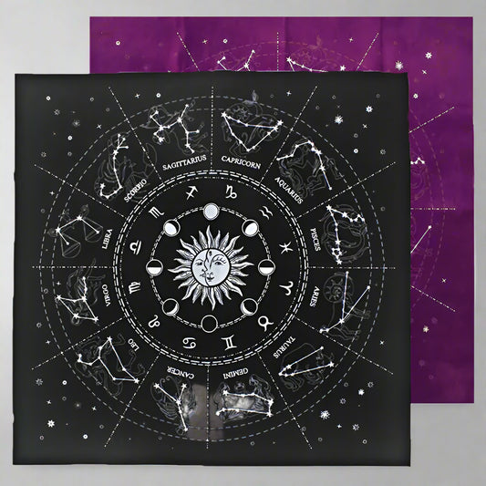 Black and purple fabric with astrological design and star patterns