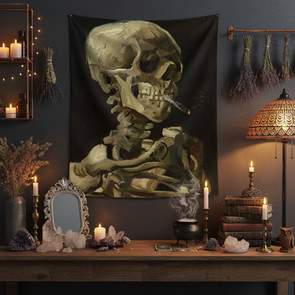 Skeletal figure with a cigarette against a black background