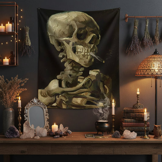 Skeletal figure with a cigarette against a black background