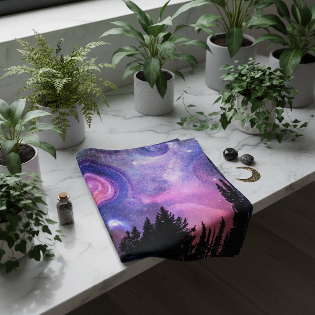 Galaxy tapestry hanging above a bed in a bedroom