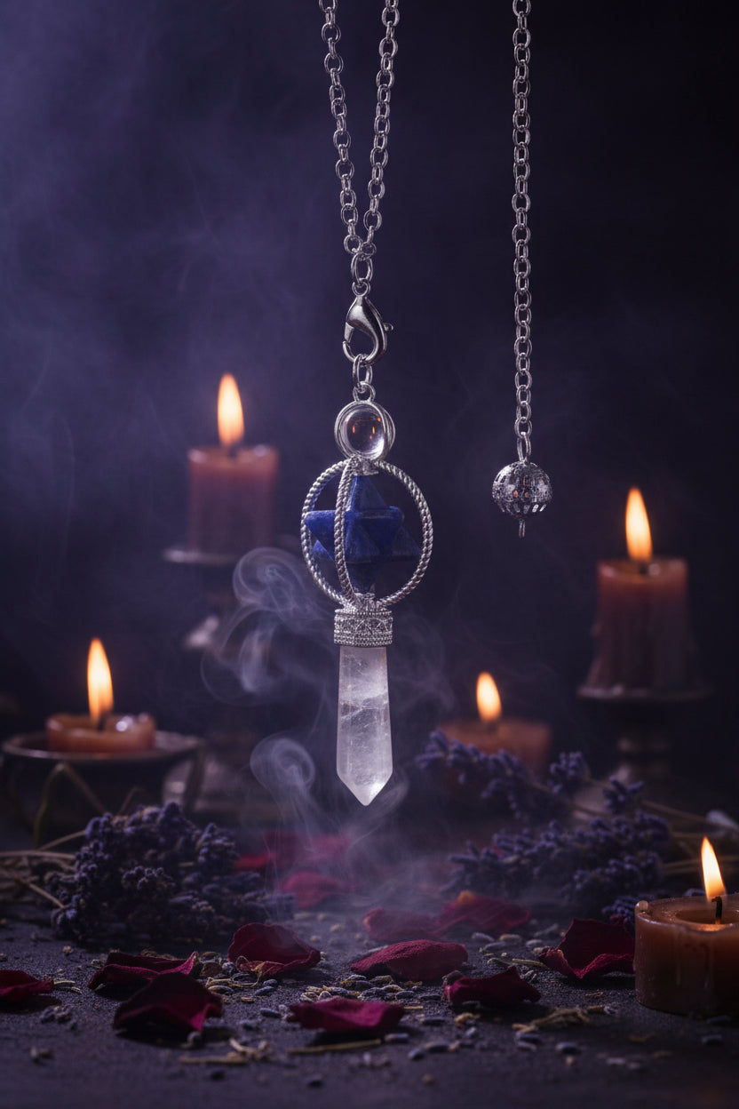 Jewelry pendant with blue gemstone and clear crystal on a black background