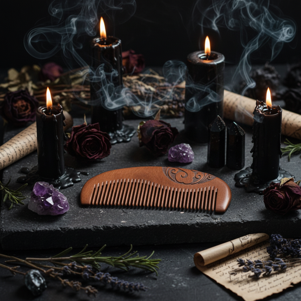 Brown wooden comb with intricate carvings on a textured black surface with a blue tiled background.