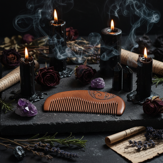 Brown wooden comb with intricate carvings on a textured black surface with a blue tiled background.